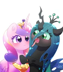 Size: 3000x3400 | Tagged: safe, artist:leo19969525, derpibooru import, princess cadance, queen chrysalis, alicorn, changeling, changeling queen, pony, blushing, crown, duo, duo female, female, g4, green eyes, horn, image, jewelry, jpeg, mane, mare, open mouth, purple eyes, regalia, simple background, tail, white background, wings
