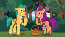 Size: 3410x1920 | Tagged: safe, derpibooru import, screencap, hitch trailblazer, sunny starscout, earth pony, pony, my little pony: tell your tale, spoiler:g5, spoiler:my little pony: tell your tale, spoiler:tyts01e19, apple, basket, duo, female, food, frown, g5, gritted teeth, high res, image, jpeg, lost in translation (episode), male, mare, stallion, teeth, tree, youtube link