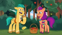 Size: 3410x1920 | Tagged: safe, derpibooru import, screencap, hitch trailblazer, sunny starscout, earth pony, pony, my little pony: tell your tale, spoiler:g5, spoiler:my little pony: tell your tale, spoiler:tyts01e19, apple, basket, duo, female, food, frown, g5, high res, image, jpeg, lost in translation (episode), male, mare, open mouth, stallion, tree, youtube link