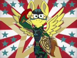 Size: 1024x768 | Tagged: safe, artist:pato_dash, derpibooru import, oc, oc:shooting thrillstar, unofficial characters only, pegasus, clothes, cosplay, costume, helmet, image, pegasus oc, png, shield, simple background, soldier, soldier boy, spread wings, the boys, wings