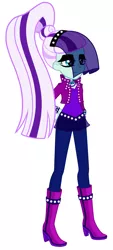 Size: 984x2180 | Tagged: safe, artist:mmmarconi365, derpibooru import, coloratura, equestria girls, boots, clothes, clothes swap, denim, equestria girls-ified, high heel boots, image, jacket, jeans, mud, pants, png, puddle, rain, raincoat, rara, shirt, shoes, simple background, solo, umbrella