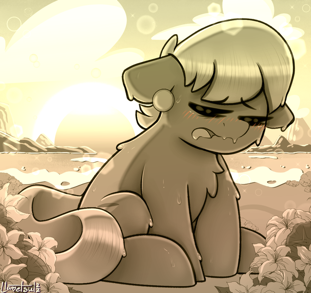 Size: 1130x1062 | Tagged: safe, artist:llametsul, derpibooru import, ms. harshwhinny, earth pony, pony, atg 2022, chest fluff, cute, drool, exhausted, eyes closed, image, monochrome, newbie artist training grounds, png, solo, sun, sweat, tired