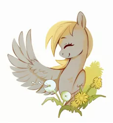 Size: 2430x2640 | Tagged: safe, artist:anotherdeadrat, derpibooru import, derpy hooves, pegasus, pony, derp, eyes closed, female, flower, image, jpeg, mare, profile, simple background, smiling, solo, white background, wings