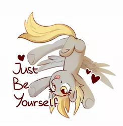 Size: 1884x1932 | Tagged: safe, artist:anotherdeadrat, derpibooru import, derpy hooves, pegasus, pony, cute, derp, derpabetes, female, heart, image, jpeg, mare, positive ponies, simple background, solo, spread wings, text, tongue out, underhoof, upside down, white background, wholesome, wings