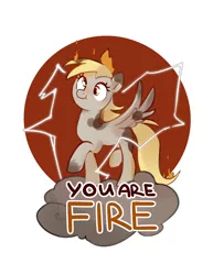 Size: 1700x2200 | Tagged: safe, artist:anotherdeadrat, derpibooru import, derpy hooves, pegasus, pony, :t, circle background, cloud, derp, female, fire, image, jpeg, mare, raised hoof, raised leg, simple background, solo, spread wings, text, white background, wings