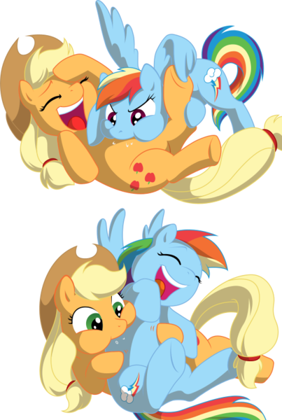 Size: 537x800 | Tagged: safe, artist:chaoskomori, artist:fehlung, derpibooru import, edit, editor:fauli1221, vector edit, applejack, rainbow dash, earth pony, pegasus, pony, .svg available, absurd resolution, appledash, derpibooru exclusive, duo, duo female, female, hoof tickling, image, lesbian, png, raspberry, shipping, simple background, tickle fight, tickling, tongue out, transparent background, tummy buzz, vector, wing hands, wings