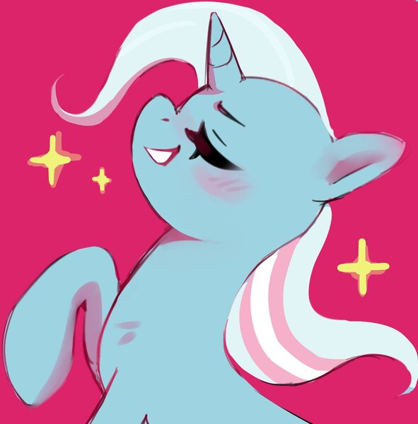 Size: 1200x1218 | Tagged: safe, artist:anotherdeadrat, derpibooru import, trixie, pony, unicorn, eyes closed, horn, image, jpeg, pride, pride flag, profile, raised hoof, simple background, smiling, solo, sparkles, trans trixie, transgender, transgender pride flag