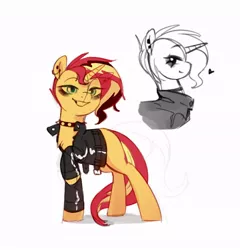 Size: 782x814 | Tagged: safe, artist:anotherdeadrat, derpibooru import, sunset shimmer, pony, unicorn, choker, clothes, female, heart, horn, image, jacket, jpeg, leather, leather jacket, looking at you, mare, profile, punk, raised hoof, simple background, smiling, smiling at you, solo, spiked choker, white background