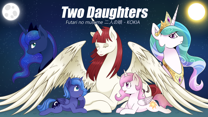 Size: 1920x1080 | Tagged: safe, artist:vavacung, derpibooru import, princess celestia, princess luna, oc, oc:fausticorn, alicorn, pony, female, filly, foal, image, lauren faust, moon, pmv, png, sun, woona, young celestia, young luna, younger