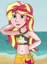 Size: 749x1024 | Tagged: safe, artist:ocean lover, derpibooru import, sunset shimmer, human, arm behind head, bare shoulders, beach, beautiful, beautisexy, belly button, bikini, bikini babe, bikini top, black swimsuit, clothes, cute, cutie mark, cutie mark on clothes, cutie mark swimsuit, diamond, disney style, female, human coloration, humanized, image, jeweled swimsuit, lips, looking at you, midriff, ocean, outdoors, outfit, png, pose, pretty, red hair, sand, sarong, shimmerbetes, shiny, shiny skin, sky, sleeveless, smiling, smiling at you, solo, solo female, stupid sexy sunset shimmer, sultry pose, summer sunset, swimsuit, teal eyes, towel, towel around waist, water, wave