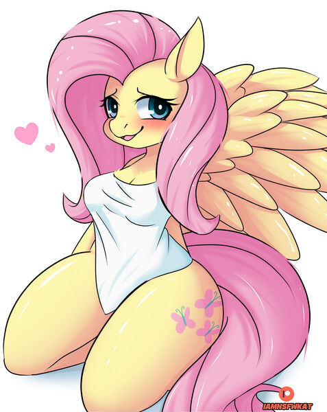 Size: 1280x1611 | Tagged: suggestive, artist:iamkat95, derpibooru import, fluttershy, anthro, bottomless, clothes, image, jpeg, partial nudity, shirt, wide hips