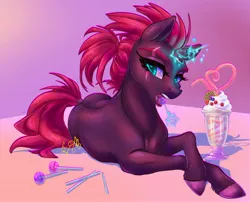 Size: 2048x1655 | Tagged: safe, artist:candasaurus, derpibooru import, fizzlepop berrytwist, tempest shadow, pony, unicorn, broken horn, candy, crazy straw, dock, drinking straw, eye scar, food, glow, glowing horn, horn, image, jpeg, licking, lollipop, looking at you, lying down, magic, milkshake, ponytail, prone, scar, silly straw, solo, sparking horn, tail, telekinesis, tongue out