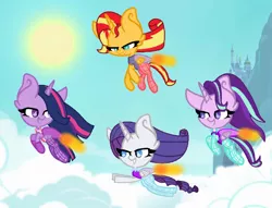 Size: 572x436 | Tagged: safe, artist:frostninja007, derpibooru import, rarity, starlight glimmer, sunset shimmer, twilight sparkle, twilight sparkle (alicorn), alicorn, alicornified, clothes, cloud, cloudy, flying, image, jetpack, leotard, png, race swap, raricorn, shimmercorn, sky, sky background, starlicorn, xk-class end-of-the-world scenario
