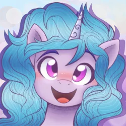 Size: 2048x2048 | Tagged: safe, artist:balychen, derpibooru import, part of a set, izzy moonbow, pony, unicorn, blushing, bust, cute, female, g5, horn, image, izzybetes, jpeg, looking at you, mare, open mouth, open smile, simple background, smiling, solo