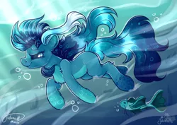 Size: 1920x1358 | Tagged: safe, artist:julunis14, derpibooru import, oc, unofficial characters only, earth pony, fish, pony, unicorn, blue eyes, blue mane, bubble, chest fluff, crepuscular rays, digital art, flowing mane, flowing tail, horn, image, jpeg, ocean, seaweed, signature, smiling, solo, sunlight, swimming, tail, underwater, water