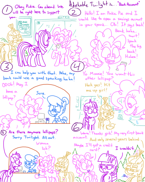 Size: 4779x6013 | Tagged: safe, artist:adorkabletwilightandfriends, derpibooru import, moondancer, pinkie pie, twilight sparkle, twilight sparkle (alicorn), oc, oc:rachel, alicorn, comic:adorkable twilight and friends, adorkable, bank, butt, candy, comic, cute, door, dork, food, friendship, funny, happy, humor, image, laughing, lollipop, note, plot, png, sign, smiling, spit, surprised, upset