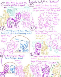 Size: 4779x6013 | Tagged: safe, artist:adorkabletwilightandfriends, derpibooru import, moondancer, pinkie pie, twilight sparkle, twilight sparkle (alicorn), oc, oc:rachel, alicorn, comic:adorkable twilight and friends, adorkable, bank, butt, candy, comic, cute, door, dork, food, friendship, funny, happy, humor, image, laughing, lollipop, note, plot, png, sign, smiling, spit, surprised, upset