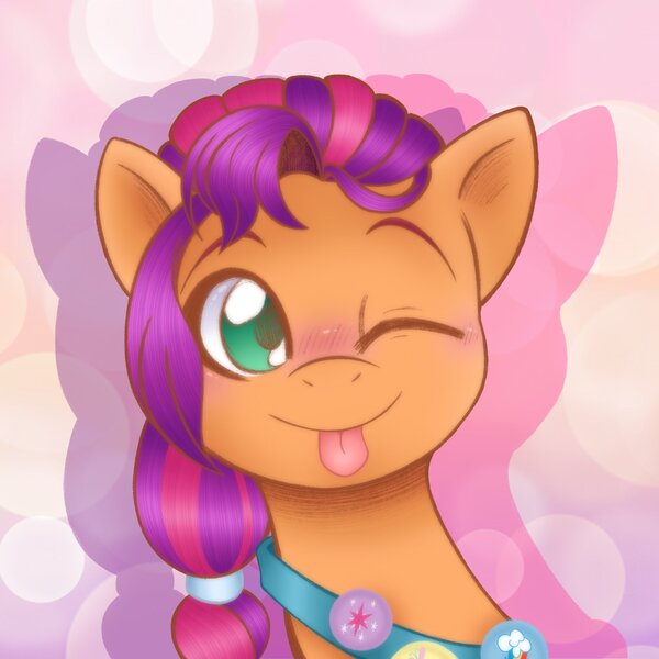 Size: 2048x2048 | Tagged: safe, artist:balychen, derpibooru import, part of a set, sunny starscout, earth pony, pony, ;p, badge, bust, cute, female, g5, image, jpeg, looking at you, mare, one eye closed, simple background, smiling, smiling at you, solo, sunnybetes, tongue out, wink, winking at you