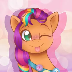 Size: 2048x2048 | Tagged: safe, alternate version, artist:balychen, derpibooru import, part of a set, sunny starscout, earth pony, pony, ;p, badge, bust, cute, female, g5, image, jpeg, looking at you, mare, multicolored hair, one eye closed, rainbow hair, simple background, smiling, smiling at you, solo, sunnybetes, tongue out, wink, winking at you