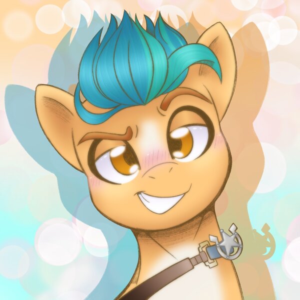 Size: 2048x2048 | Tagged: safe, artist:balychen, derpibooru import, part of a set, hitch trailblazer, earth pony, pony, blushing, bust, cute, g5, hitchbetes, image, jpeg, looking at you, male, sheriff, sheriff's badge, simple background, smiling, smiling at you, solo, stallion