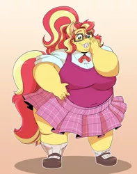 Size: 2956x3754 | Tagged: suggestive, artist:inkykinks, derpibooru import, sunset shimmer, anthro, bbw, braces, fat, female, freckles, geek, image, jpeg, nerd, nerdification, obese, slobset shimmer