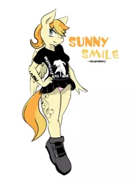 Size: 1350x1800 | Tagged: suggestive, artist:theanthrodeejay, derpibooru import, oc, oc:sunny smile, unofficial characters only, band shirt, black shirt, breasts, clothes, confident, female, image, jpeg, panties, panty shot, presenting, punk, shoes, simple background, skirt, smiling, solo, solo female, striped underwear, tattoo, text, underpants, underwear, undies, upskirt, white background, wings