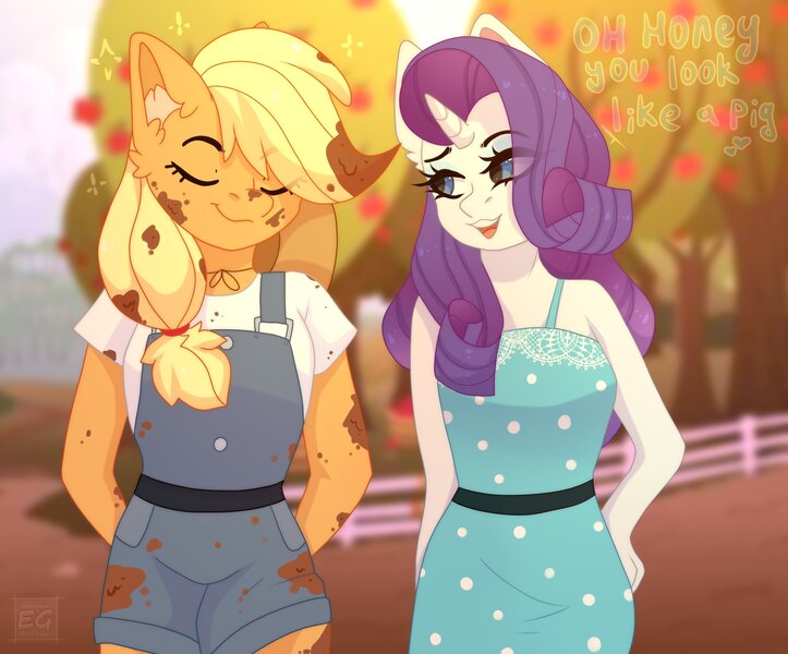 Size: 2604x2160 | Tagged: safe, artist:elektra-gertly, derpibooru import, applejack, rarity, anthro, earth pony, pony, unicorn, apple, apple tree, clothes, dialogue, dirty, dress, ear fluff, eyes closed, eyeshadow, female, fence, food, image, jpeg, lesbian, makeup, mud, muddy, overalls, proud, rarijack, shipping, shirt, silly, silly pony, sparkles, sweet apple acres, t-shirt, tree, who's a silly pony