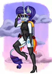 Size: 1280x1812 | Tagged: safe, artist:danthez, derpibooru import, rarity, anthro, unicorn, clothes, cloud, female, flying, grin, image, jetpack, jpeg, leonine tail, leotard, sky, sky background, smiling, sunglasses, sunrise, tail