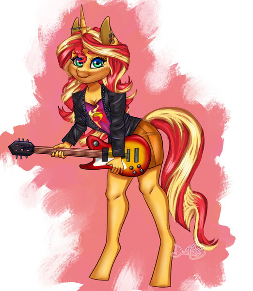 Size: 1280x1471 | Tagged: safe, artist:danthez, artist:holivi, derpibooru import, sunset shimmer, anthro, unicorn, guitar, image, jpeg, musical instrument, simple background