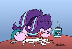 Size: 1024x691 | Tagged: safe, artist:bobthedalek, derpibooru import, starlight glimmer, pony, unicorn, bathrobe, bed mane, cereal, clothes, food, horn, image, jpeg, kite, morning ponies, mug, newbie artist training grounds, pajamas, robe, solo, that pony sure does love kites, tired