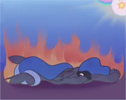 Size: 2250x1781 | Tagged: safe, artist:dusthiel, derpibooru import, princess celestia, princess luna, alicorn, pony, atg 2022, burning, butt, female, fire, image, lying down, newbie artist training grounds, plot, png, praise the sun, prone, royal sisters, siblings, sisters, sunbutt