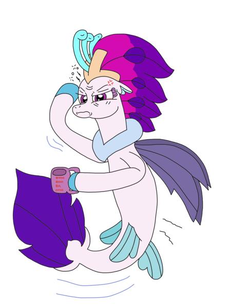 Size: 2448x3264 | Tagged: safe, artist:supahdonarudo, derpibooru import, queen novo, seapony (g4), my little pony: the movie, bloodshot eyes, coffee mug, exhausted, holding, image, mug, newbie artist training grounds, png, simple background, tired, transparent background