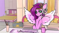 Size: 1152x648 | Tagged: safe, artist:leastways, derpibooru import, pipp petals, pegasus, pony, female, g5, gaming headset, headset, image, jpeg, keyboard, mug, pc, signature, sketch, wings