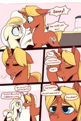Size: 3000x4500 | Tagged: safe, artist:storyteller, derpibooru import, oc, oc:hard boiled, oc:sunny side, earth pony, pony, unicorn, comic:eavesdrop, comic, dialogue, female, frown, frustrated, image, kitchen, male, mare, png, shocked, shocked expression, speech bubble, stallion, surprised, tired