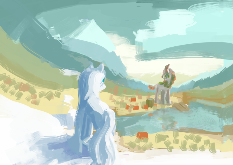 Size: 2715x1920 | Tagged: safe, artist:anonymous, autumn blaze, oc, oc:cirrus wisp, kirin, pony, taiga pony, drawthread, duo, female, image, looking at each other, mare, melting snow, mountain, painting, png, river, snow