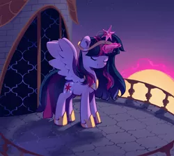 Size: 3902x3507 | Tagged: safe, artist:cherrnichka, derpibooru import, twilight sparkle, twilight sparkle (alicorn), alicorn, pony, balcony, big crown thingy, element of magic, eyes closed, glow, glowing horn, hoof shoes, horn, image, jewelry, jpeg, morning, peytral, princess shoes, raising the sun, regalia, solo, sun, twilight (astronomy)