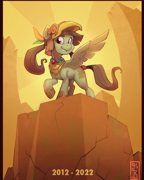 Size: 1440x1800 | Tagged: safe, artist:thenecrobalam, derpibooru import, oc, oc:tailcoatl, ponified, pegasus, pony, anniversary, aztec, helmet, image, mexico, nation ponies, png, redraw, smiling, solo, wings
