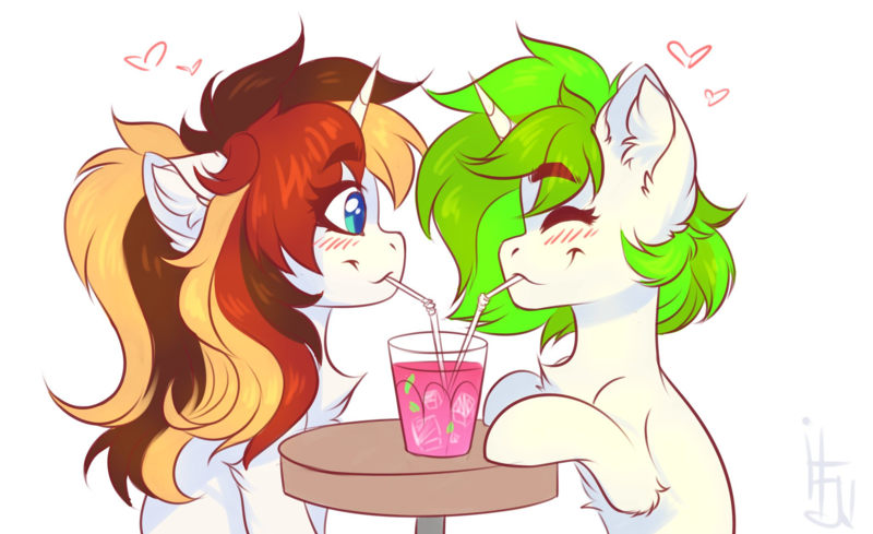Size: 2048x1252 | Tagged: safe, artist:falafeljake, derpibooru import, oc, oc:scarlet serenade, oc:vinyl mix, unofficial characters only, pony, unicorn, blushing, chest fluff, couple, drink, drinking, ear fluff, eyes closed, happy, heart, image, png, ponytail, scarletmix, sharing a drink, simple background, table, white background