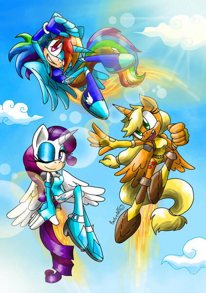 Size: 1280x1822 | Tagged: safe, artist:barbie--art, derpibooru import, applejack, rainbow dash, rarity, alicorn, anthro, alicornified, applecorn, clothes, cloud, flying, image, jetpack, jpeg, leotard, looking at you, mobian, one eye closed, race swap, rainbowcorn, raricorn, sky, sky background, sonic the hedgehog (series), sonicified, wink, winking at you