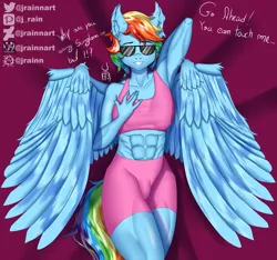 Size: 4185x3916 | Tagged: safe, artist:jrainnart, derpibooru import, rainbow dash, anthro, pegasus, areola, bed, big areola, clitoris, female, image, jpeg, looking at you, nipples, nudity, smiling, smiling at you, solo, solo female, spread wings, sunglasses, wings