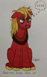 Size: 2297x3806 | Tagged: safe, artist:rapidsnap, derpibooru import, big macintosh, earth pony, pony, atg 2022, bags under eyes, exhausted, floppy ears, image, jpeg, lidded eyes, male, messy mane, newbie artist training grounds, simple background, solo, thought bubble, tired, traditional art, white background