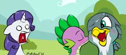 Size: 1116x485 | Tagged: safe, artist:strebiskunk, derpibooru import, gabby, rarity, spike, dragon, gryphon, pony, unicorn, blank eyes, blushing, eyes closed, female, floppy ears, horn, image, jpeg, kiss on the cheek, kissing, male, mare, monochrome, open mouth, shipping, shocked, shocked expression, signature, spabby, straight, tongue out