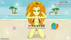 Size: 1192x670 | Tagged: suggestive, artist:jakepixels, derpibooru import, adagio dazzle, equestria girls, beach, beach ball, bikini, bikini top, breasts, busty adagio dazzle, clothes, female, gumroad, gumroad logo, image, looking at you, patreon, patreon logo, paywall content, png, pose, solo, solo female, summer, swimsuit, vacation