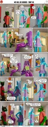 Size: 2000x5190 | Tagged: suggestive, artist:stellarator, derpibooru import, aria blaze, trixie, oc, oc:tokamak, anthro, unguligrade anthro, comic:we will be adored, 3d, blender, blender cycles, clothes, cycles render, image, not sfm, png, skirt, tanktop