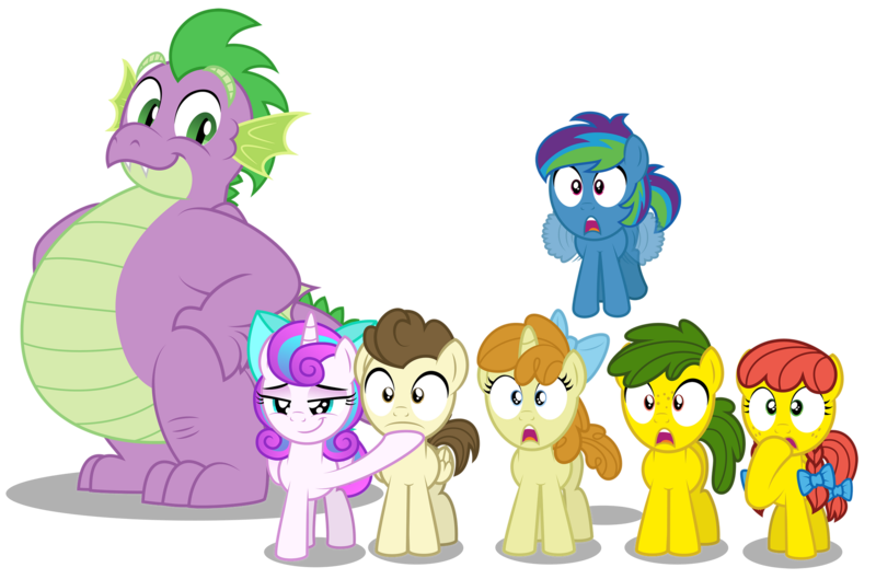 Size: 1920x1270 | Tagged: safe, artist:aleximusprime, derpibooru import, pound cake, princess flurry heart, pumpkin cake, spike, oc, oc:annie smith, oc:apple chip, oc:storm streak, pony, flurry heart's story, bow, chubby, fanfic art, fat, fat spike, female, filly, filly flurry heart, freckles, hand on hip, image, jaw drop, kids, mouth hold, offspring, older, older flurry heart, older pound cake, older pumpkin cake, older spike, open mouth, parent:applejack, parent:oc:thunderhead, parent:rainbow dash, parent:tex, parents:canon x oc, parents:texjack, plump, png, shocked, shocked expression, shocked eyes, smug, tirek vs scorpan, wide eyes
