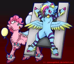 Size: 739x632 | Tagged: semi-grimdark, artist:mechanakal, derpibooru import, pinkie pie, rainbow dash, goat, fanfic:cupcakes, alternate clothes, alternate design, bondage, collar, crying, duo, fanfic art, fear, feathered fetlocks, female, goatlings, gradient background, grimcute, image, jpeg, low quality, needs more jpeg, open mouth, raised hoof, saddle, signature, smiling, species swap, spread legs, spread wings, spreading, table, tack, unsexy bondage, wide eyes, wings