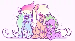 Size: 2265x1230 | Tagged: safe, artist:cutiesparke, derpibooru import, applejack, rainbow dash, spike, dragon, earth pony, pegasus, alternate design, alternate eye color, alternate hairstyle, appledash, applespike, bandage, bandaid, blue eyes, blushing, choker, eyes closed, female, freckles, grin, image, leaf, lesbian, looking at each other, looking at someone, male, missing accessory, piercing, png, rainbowspike, raised eyebrow, shadow, shipping, simple background, sitting, smiling, sparkles, sparkly eyes, straight, trio, wingding eyes
