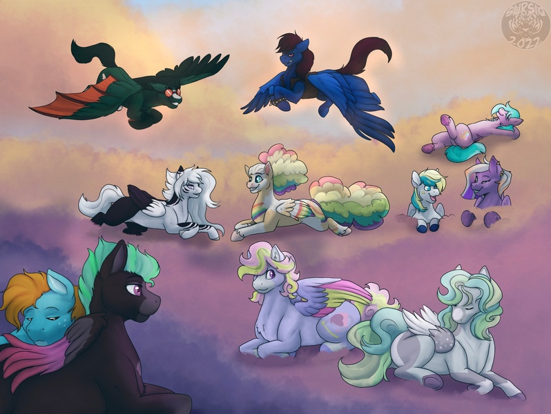 Size: 2723x2047 | Tagged: safe, artist:sursiq, derpibooru import, oc, oc:carbon, oc:copper coast, oc:day dreamer, oc:graphite nebula, oc:jewel runner, oc:midnight deceiver, oc:north star, oc:ptero, oc:sara, oc:skipper, oc:swish-a-swirl, unofficial characters only, pegasus, pony, cloud, colored wings, eye clipping through hair, eyebrows, eyebrows visible through hair, female, flying, high res, image, jpeg, male, mare, multicolored hair, multicolored mane, multicolored wings, multiple characters, pegasus oc, scenery, signature, spread wings, stallion, watermark, wings