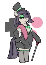 Size: 446x626 | Tagged: safe, artist:jargon scott, derpibooru import, oc, oc:dot matrix, unofficial characters only, earth pony, pony, bipedal, bowtie, bucktooth, cane, clothes, evening gloves, eyebrows, eyebrows visible through hair, eyeshadow, fat, feather boa, female, garter straps, gloves, hair over one eye, hat, hoof on hip, image, long gloves, looking at you, makeup, mare, png, simple background, socks, solo, stockings, thigh highs, top hat, white background
