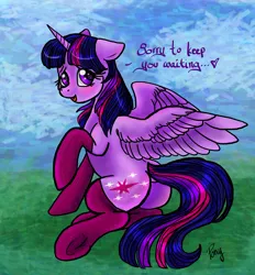 Size: 1950x2100 | Tagged: safe, artist:pony, twibooru exclusive, twilight sparkle, backwards cutie mark, clothes, cloud, cute, dialogue, dock, grass, heart eyes, image, looking at you, looking back, looking back at you, png, socks, spread wings, twiabetes, wingding eyes, wings, ❤️